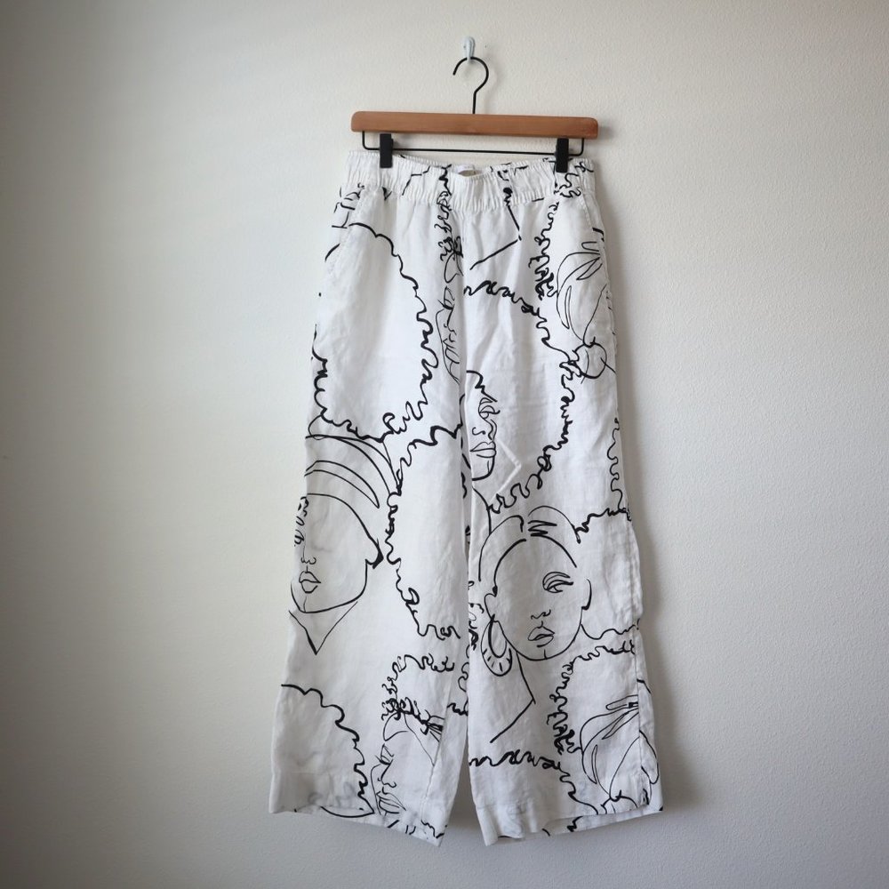 House of Harlow 1960 Face Print Wide Leg Linen Pants | L